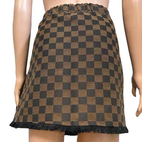 Judith March Checkered Plaid Wrap Mini Skirt Small Woven Fringe Brown Preppy - Picture 3 of 10